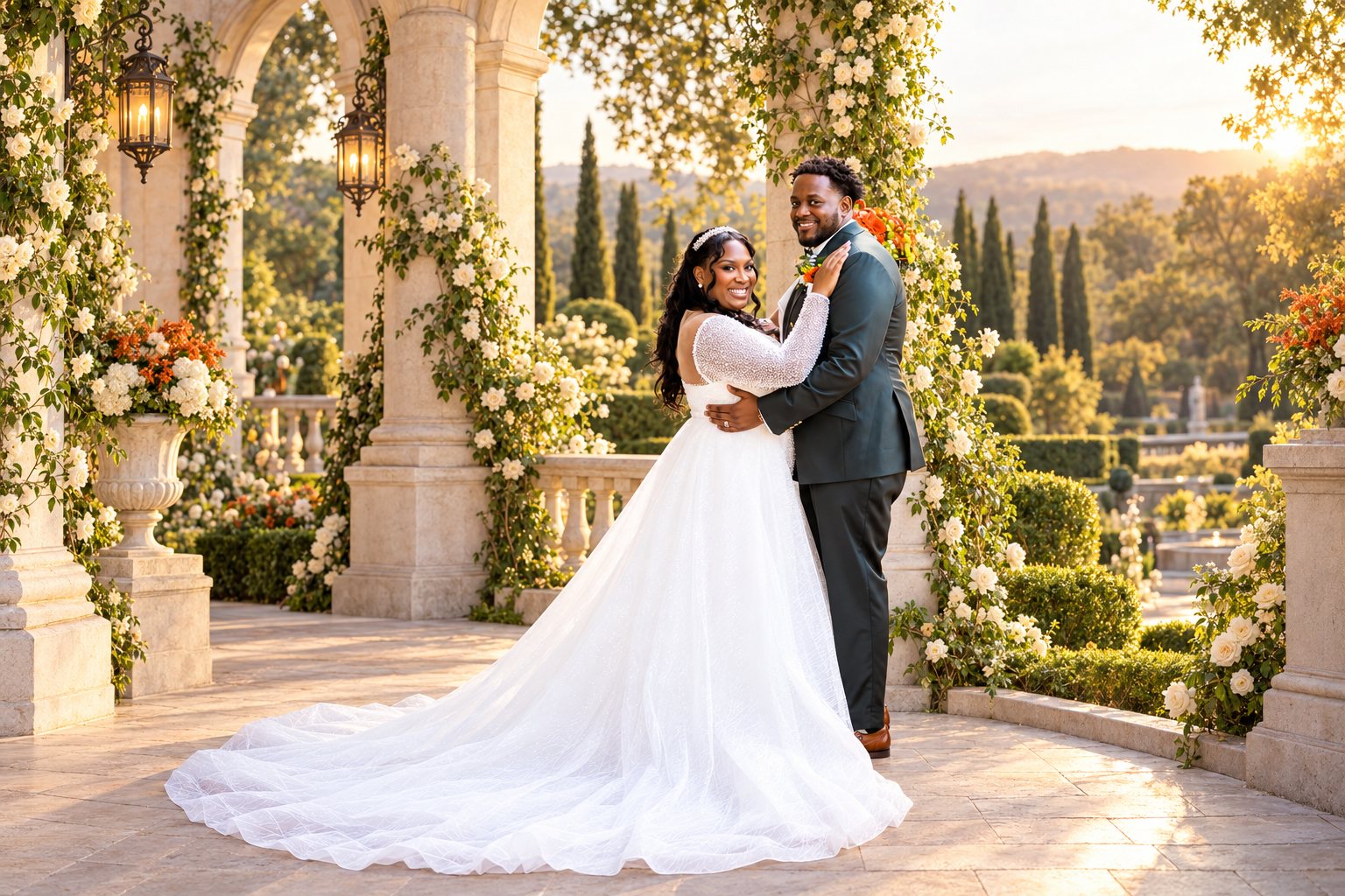 Creative garden portrait of Aaliyah and Alex, with an artistically reimagined setting