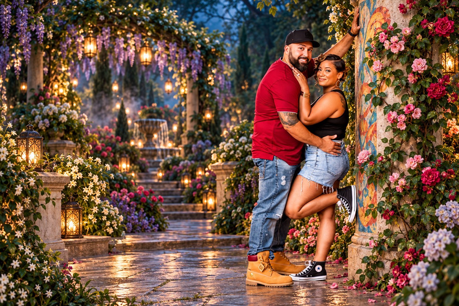 Creative composite of Ashley and Hunter in an imagined garden