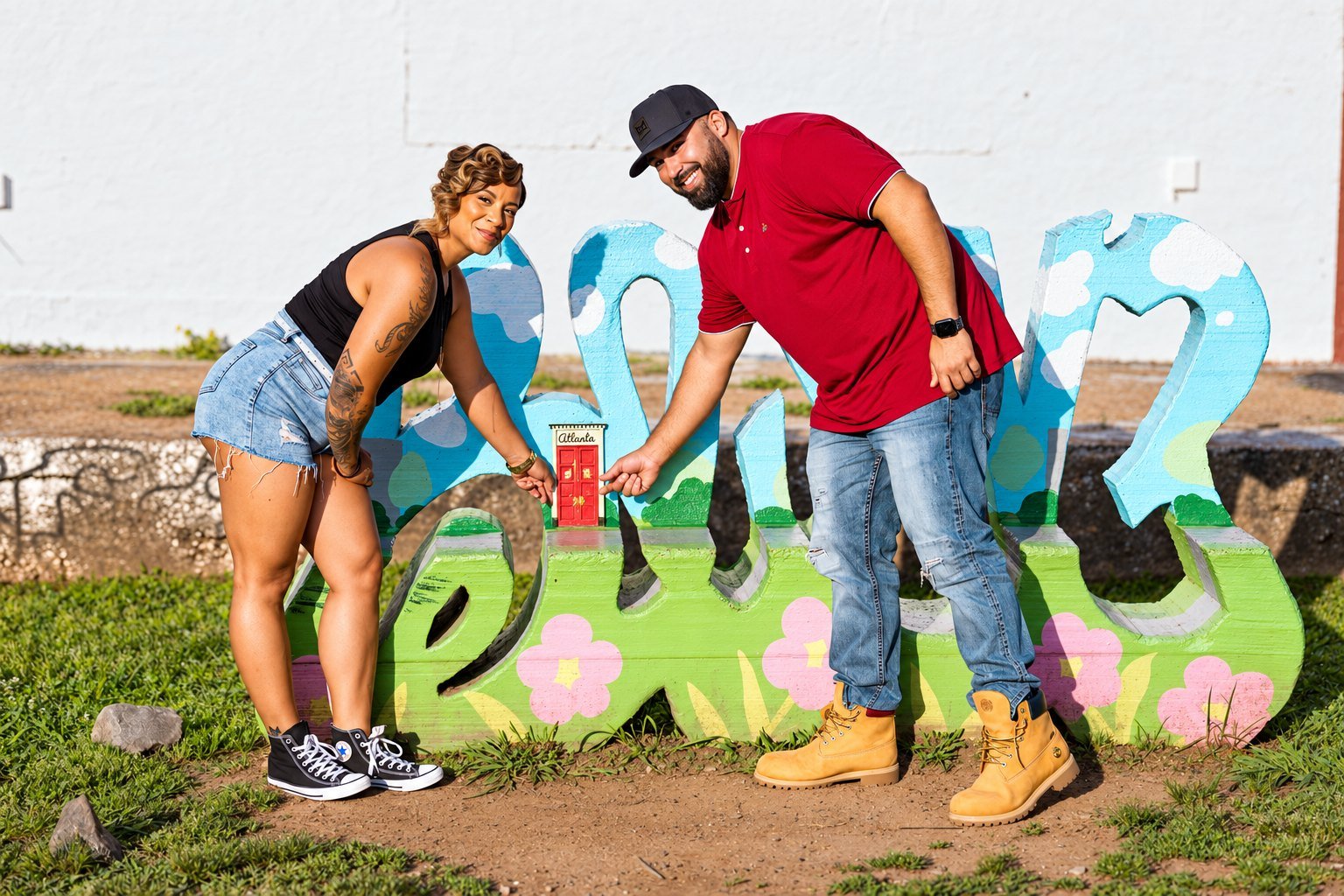Ashley and Hunter posing playfully beside colorful street art in Atlanta