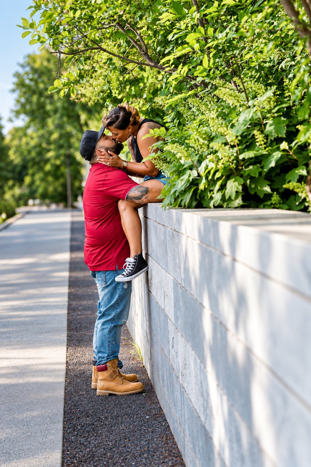 Hunter lifting Ashley beside a white wall and green trees