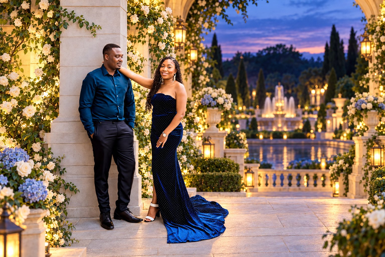 Creative blue-hour garden composite from Ida + Geovanni’s engagement