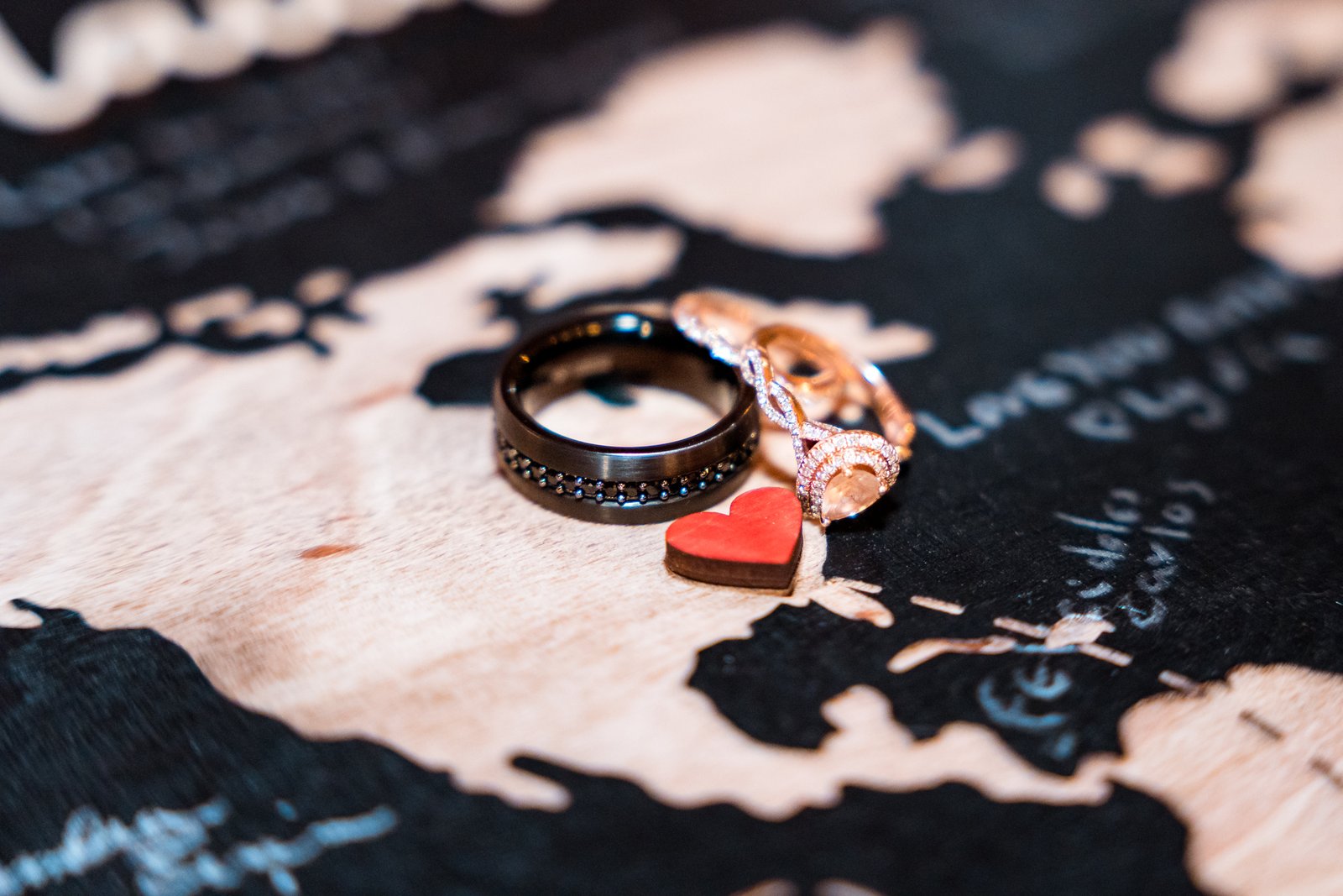 Wedding rings on Maurice and Jillian's world-map guest book