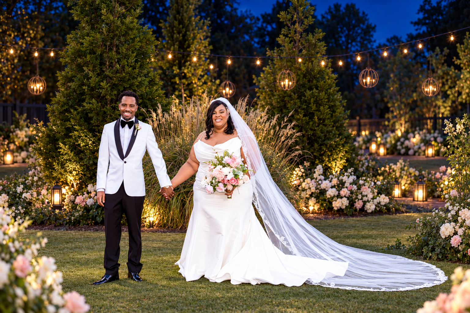 Creative moonlit garden portrait of Tiffany and Kevon