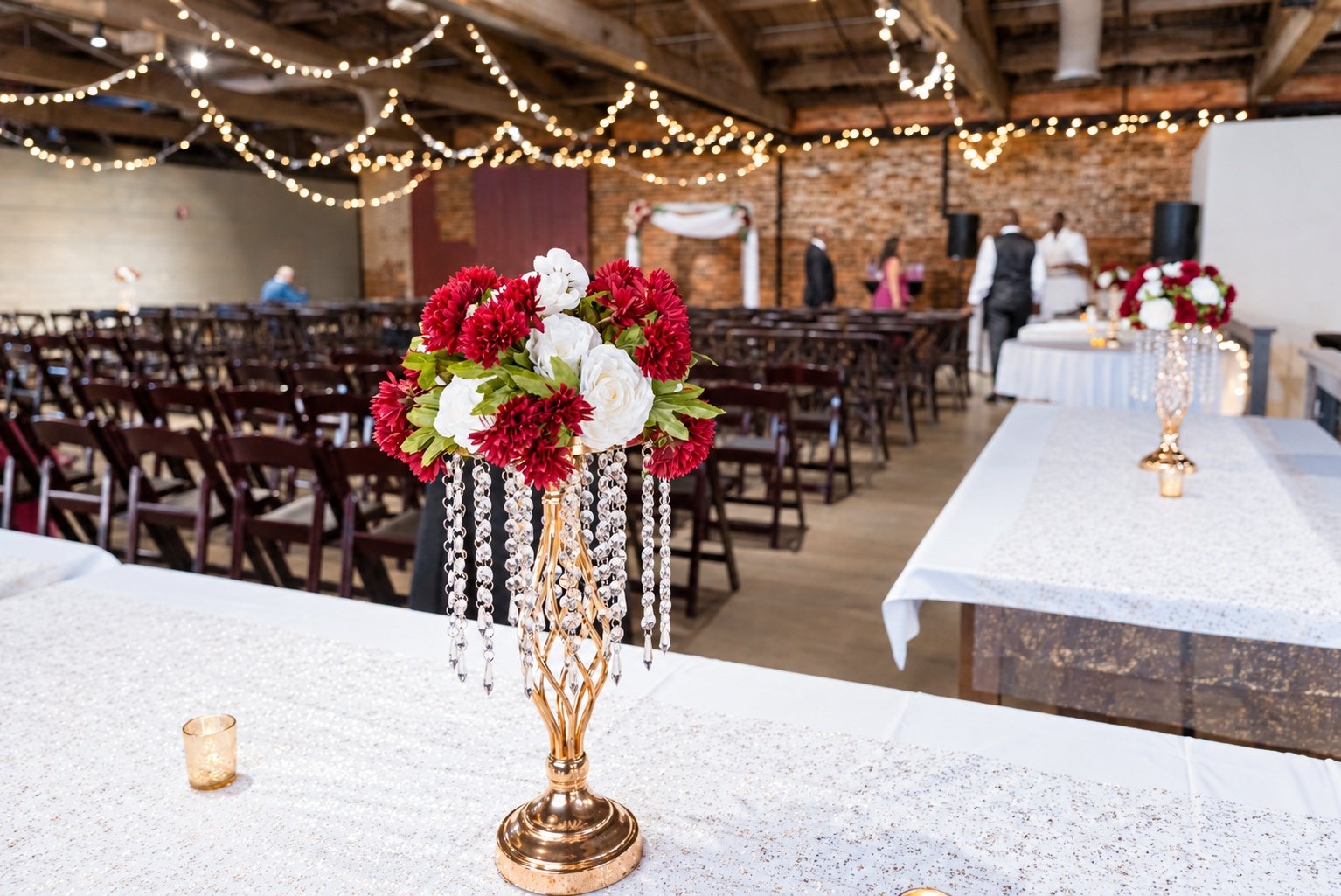Pink and white flowers inside Boxwood Social Hall