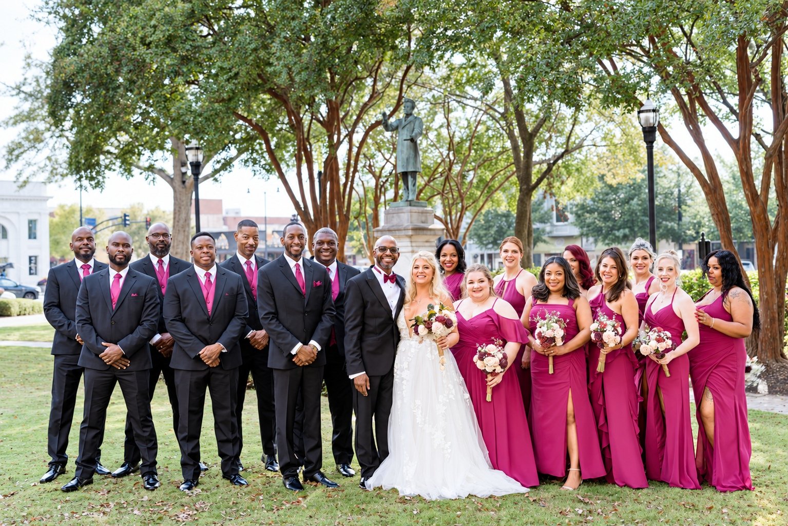 The wedding party gathered beneath the trees in Marietta Square