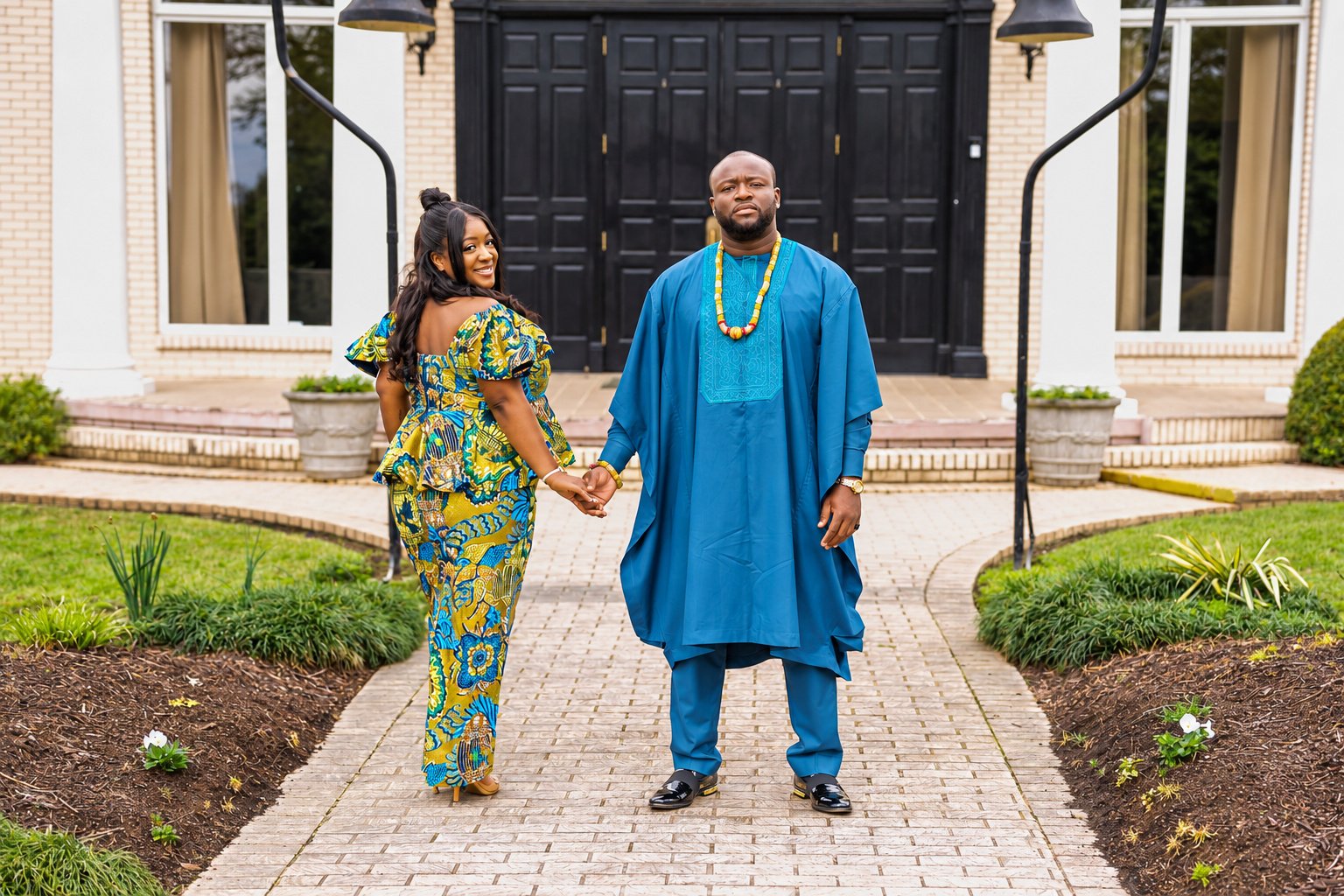 Couple holding hands in front of dark entrance doors