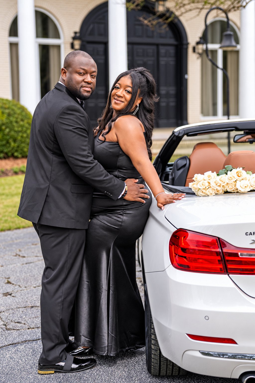 Couple in black eveningwear beside the white convertible