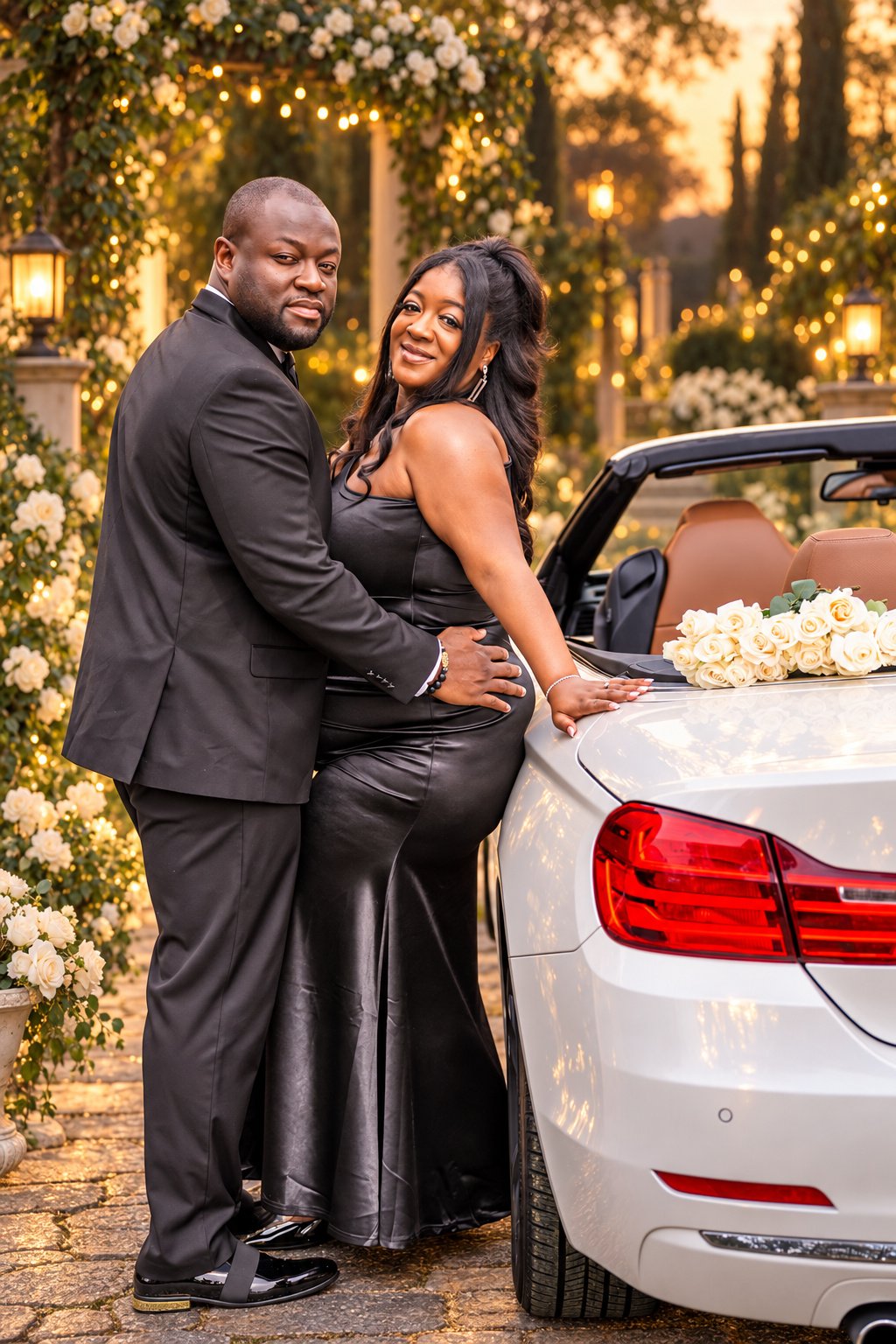 Kobina and Tiara beside a white convertible in a creatively reimagined illuminated garden