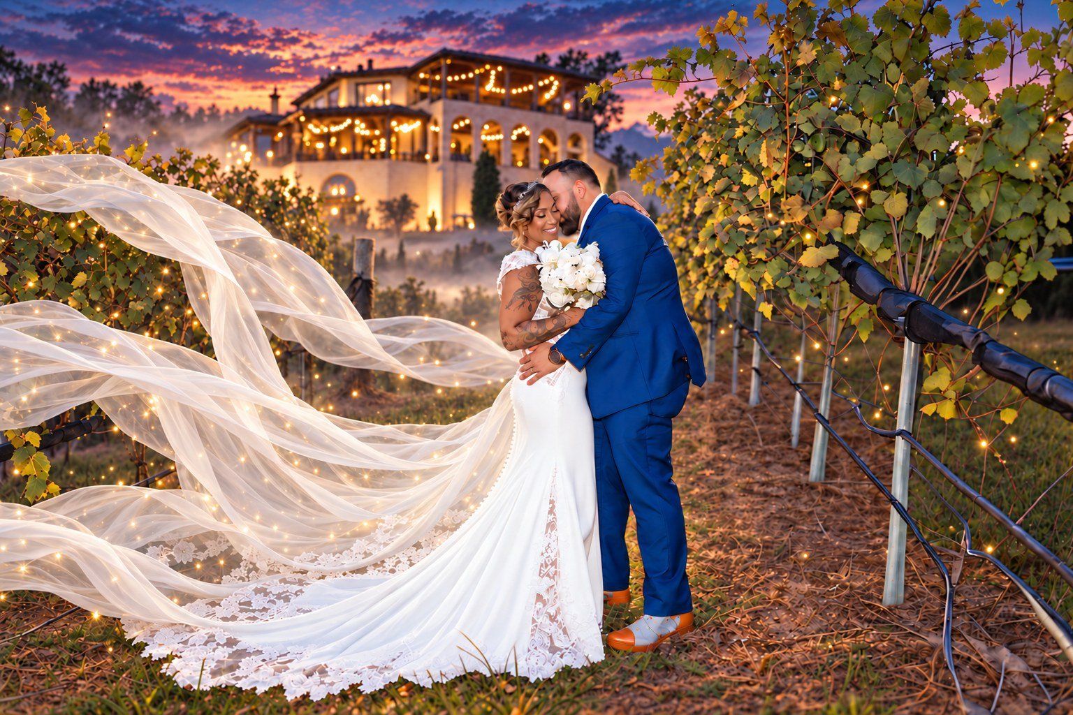 Ashley and Hunter with a flowing veil — AI-assisted creative composite.