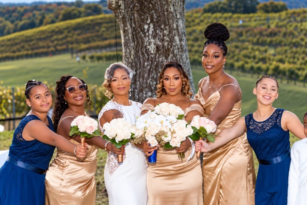 Bride with wedding attendants at Montaluce Winery in Dahlonega, Georgia.