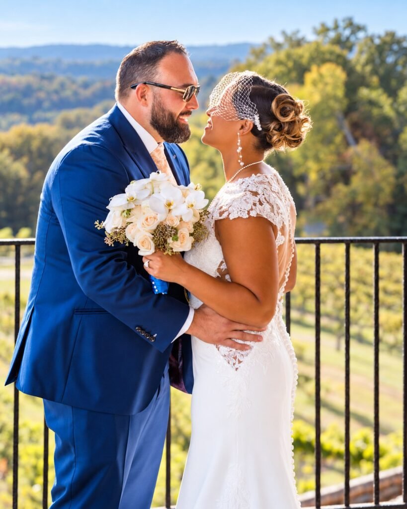 Couple portrait overlooking the vineyard at Montaluce Winery in Dahlonega, Georgia.