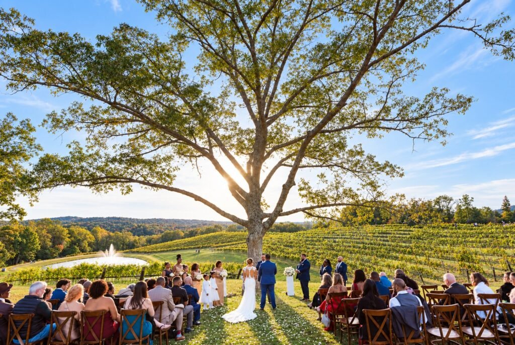 Outdoor ceremony overlooking the vineyard at Montaluce Winery in Dahlonega, Georgia.