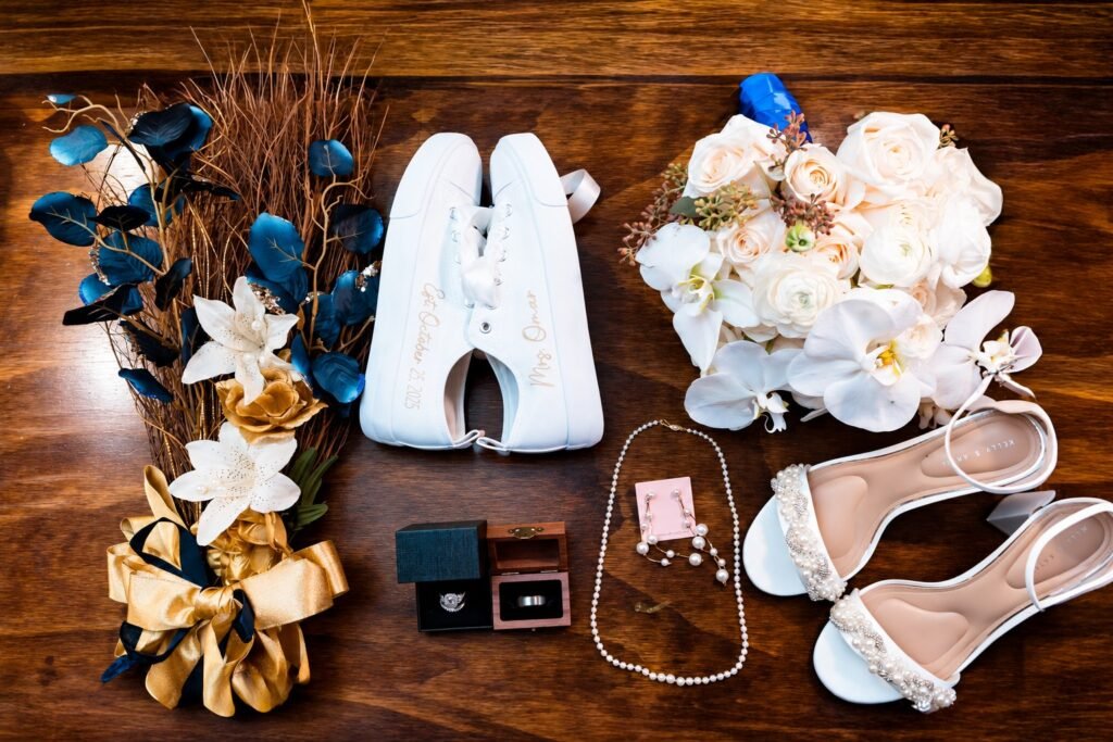 Wedding accessories and bouquet at Montaluce Winery in Dahlonega, Georgia.