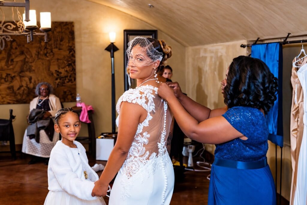 Wedding dress finishing touches at Montaluce Winery in Dahlonega, Georgia.