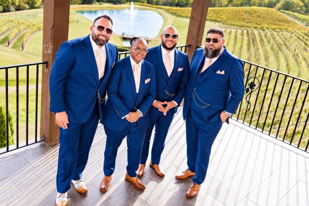 Wedding party on a balcony at Montaluce Winery in Dahlonega, Georgia.